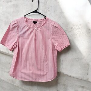 Talbots Ruffle Neck Blouse Womens Large Petite Pink Striped Short Sleeve